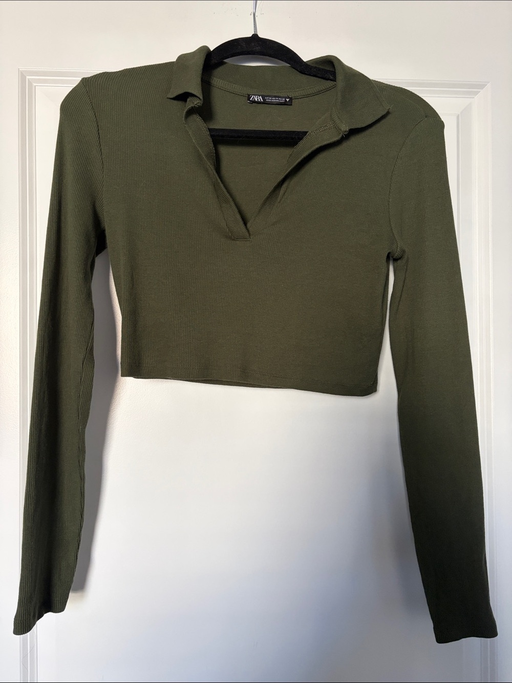 New ZARA Olive Green Long Sleeve Cropped Polo V-neck Top Medium